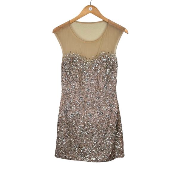 Terani Couture NEW Tan Sheer Mesh Rhinestone Sequin Beaded Mini Formal Dress - Picture 8 of 16